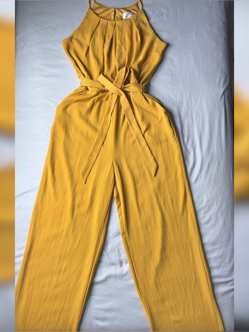 Boho Sweet Storm Yellow Halter-Neck Wide-Leg Jumpsuit with Waist Tie Hippie